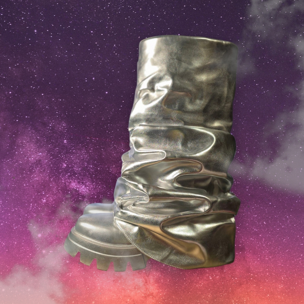 Women's Metallic Mid Calf Boots, Chunky Scrunched Platform Sole Rounded Toe